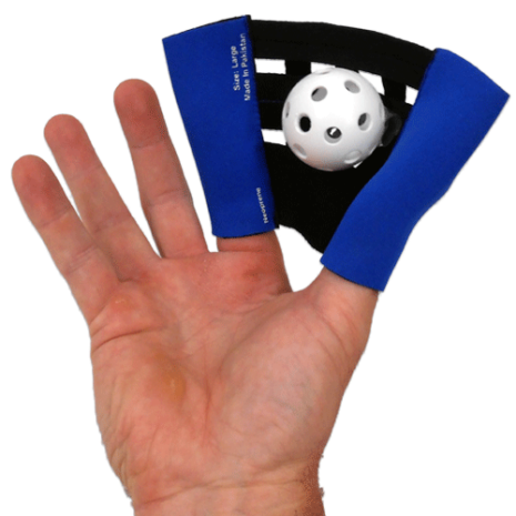 Hand holding Web Glove with wiffle ball